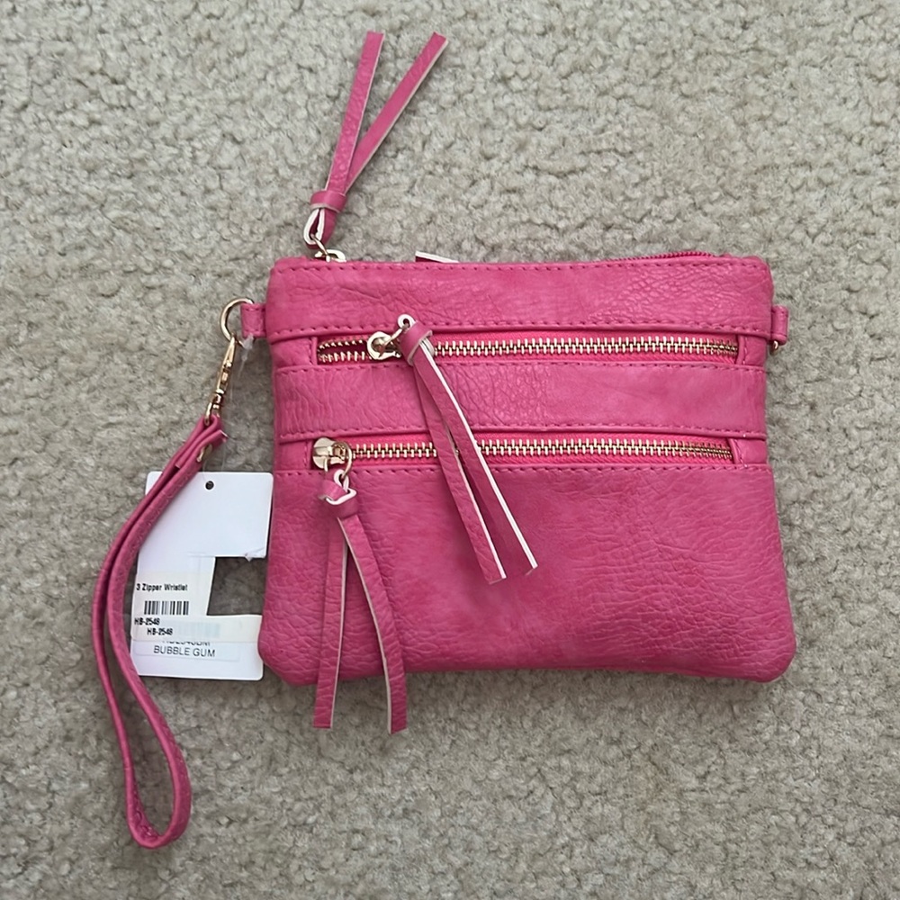 NWT Bubble Gum Pink 3 Zipper Wristlet with Crossbody Strap and Gold Hardware